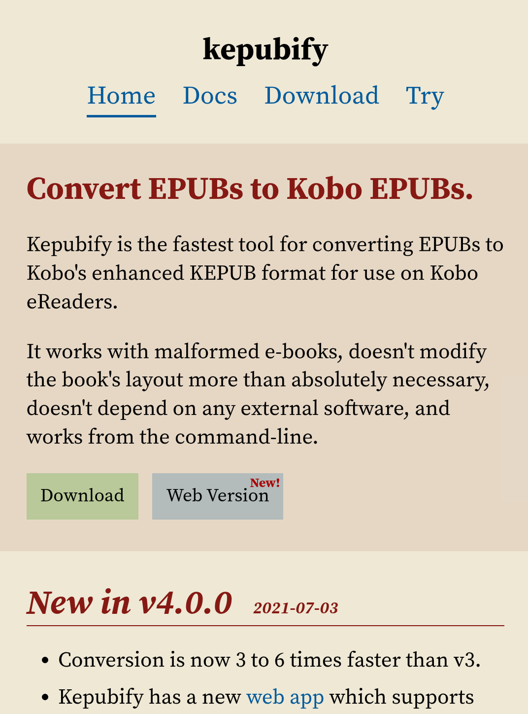Screenshot of pgaskin.net/kepubify.