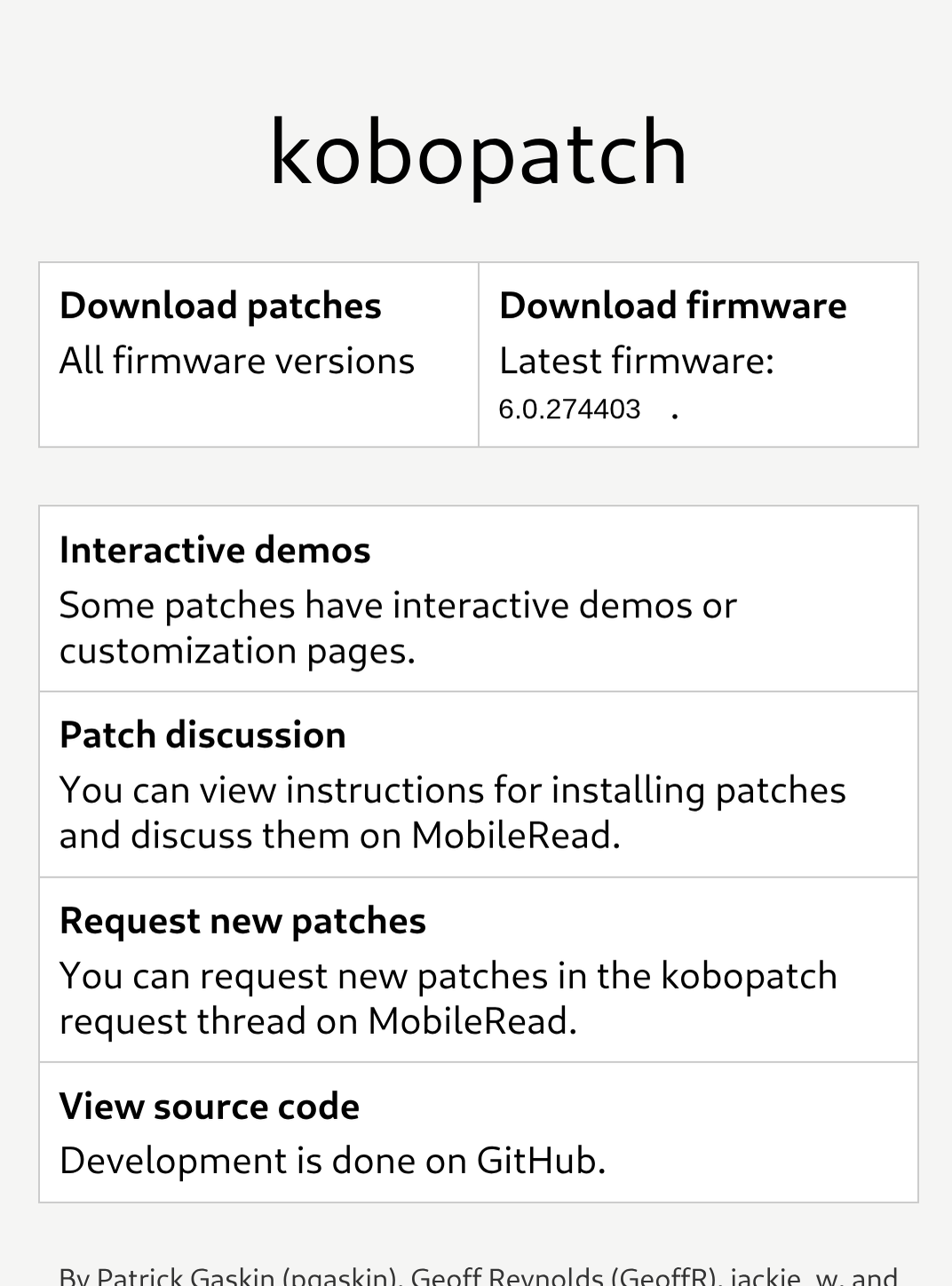 Screenshot of pgaskin.net/kobopatch-patches.