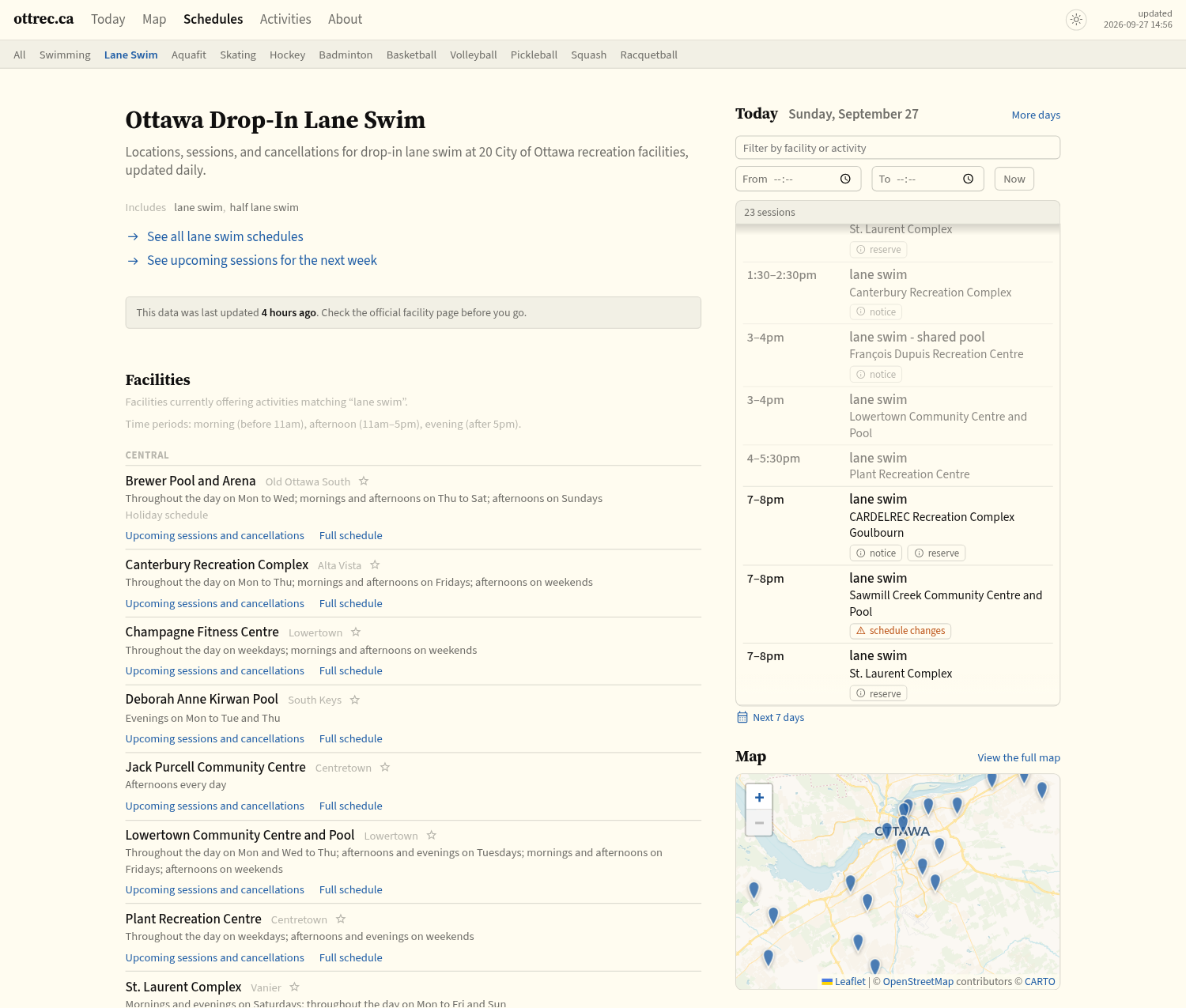 Screenshot of ottrec.ca/schedules/lane-swim.