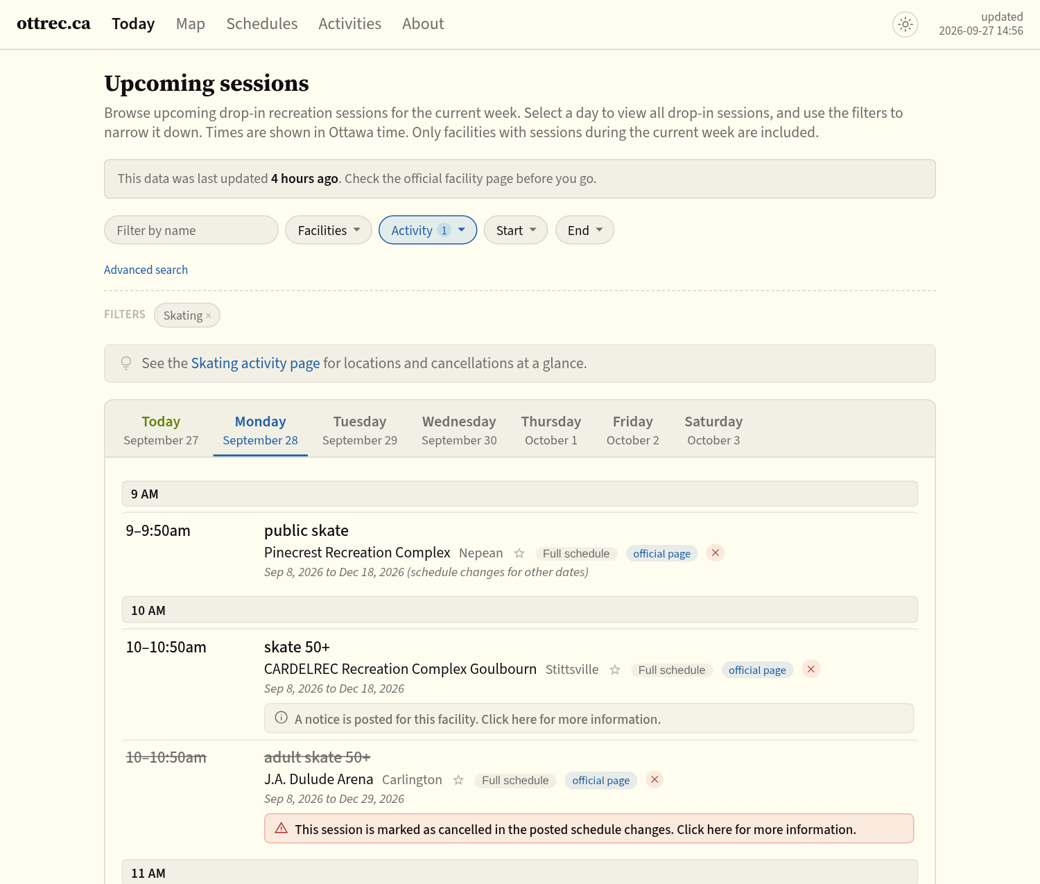 Screenshot of ottrec.ca/today.